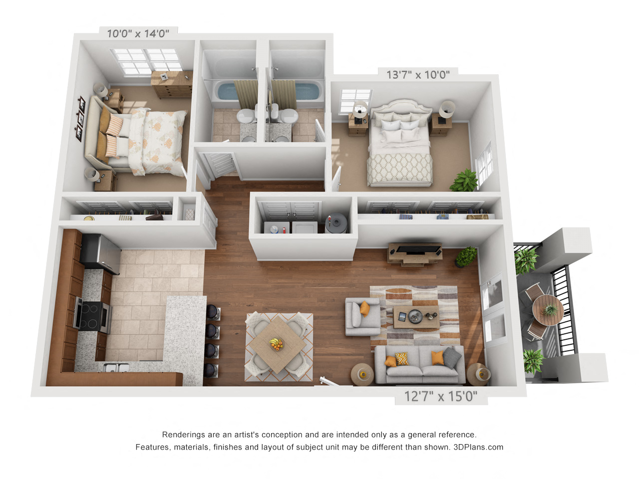 Floor plan for 2 beds, 2 baths, 1024 sqft